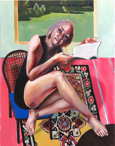 ELLEN AKIMOTO: The Reader, Öl und Collage auf Leinwand, 140 x 110 cm, 2015